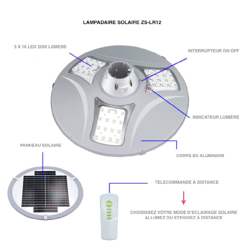 Lampadaire Solaire Complet Télécommande ZS-LR12-N1-Mat3